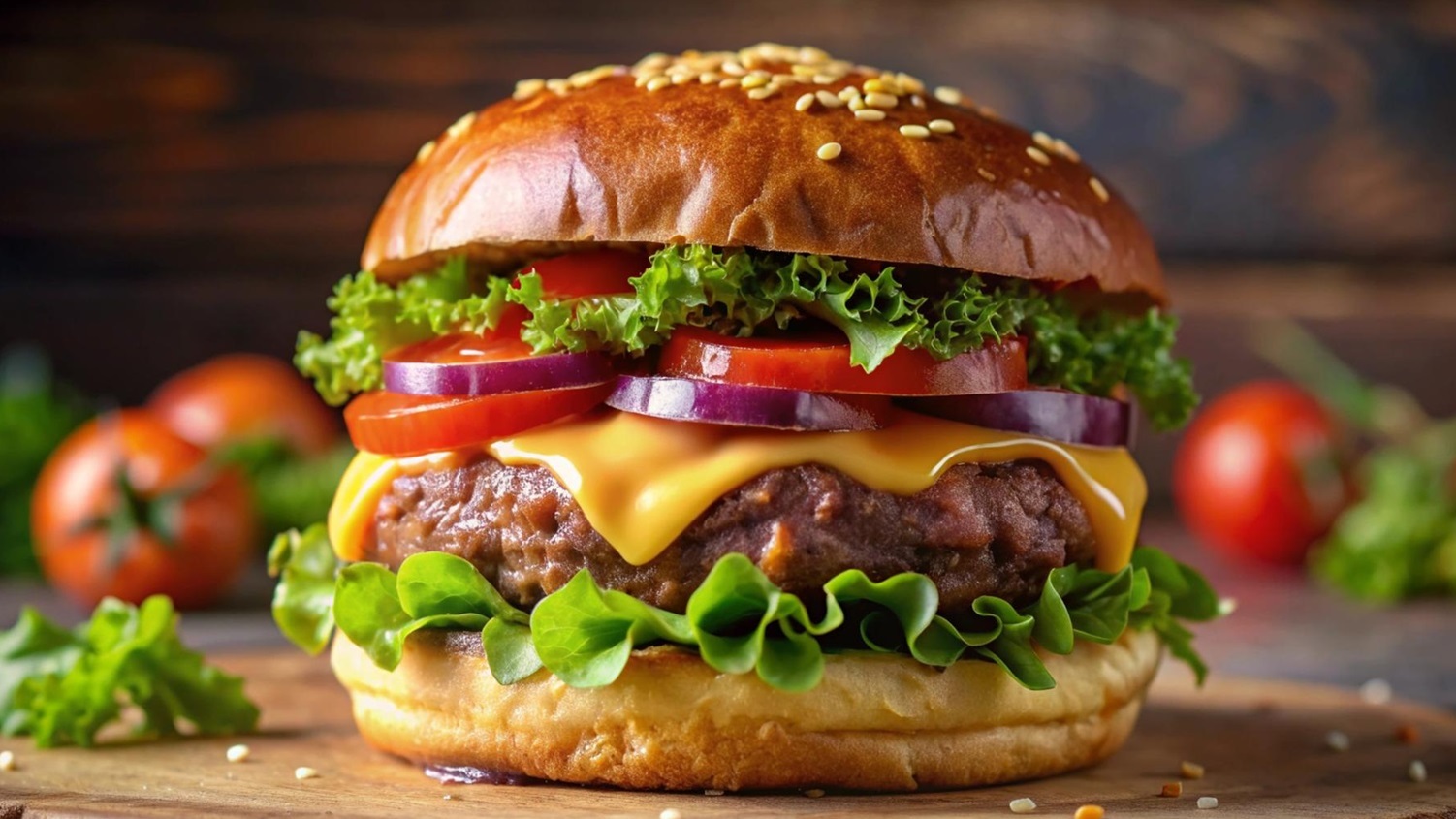 Ein saftiger Burger mit Käse, Salat, Tomaten und Zwiebeln auf einem Sesambrötchen, umgeben von frischen Zutaten.
